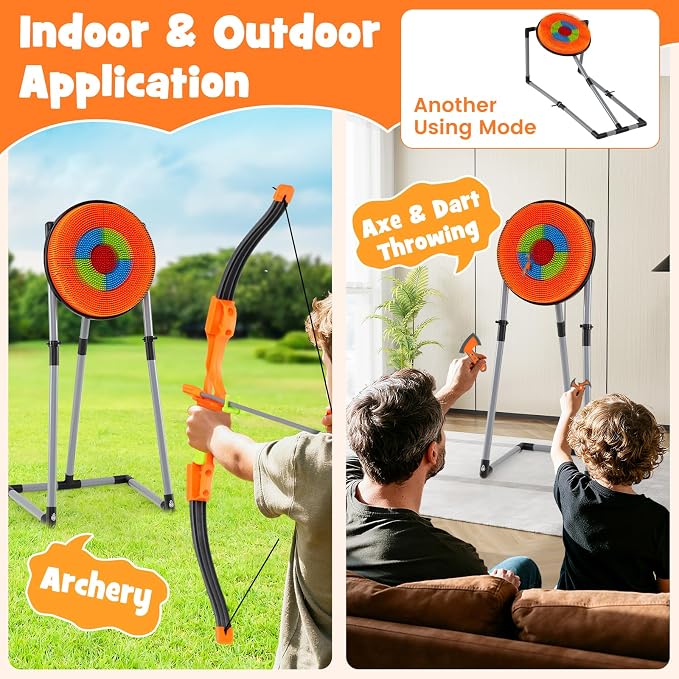 Costzon Axe Throwing Target Game for Backyard, 4 in 1 Kids Throwing Game w/5 Arrows, 3 Throwing Axes, 3 Ninja Darts, 3 Darts, Bristle Target & a Bow -Boys & Girls Indoor Outdoor Carnival Game Gifts