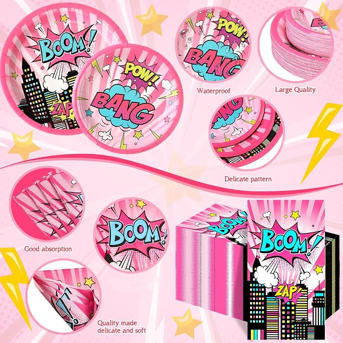 Funnymoom 250 Pcs Girl Hero Birthday Decoration Pink Comic Girl Hero Paper Plates Napkins and Cups Power Halloween Theme Party Tableware for Birthday Baby Shower Party Supplies, Serves 50