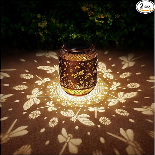2 Pack Dragonfly Solar Lanterns Outdoor Waterproof Garden Decor Gifts for Mom Women Grandma Metal Hanging Solar Lights Outdoor Decoration for Patio,Yard,Porch,Backyard
