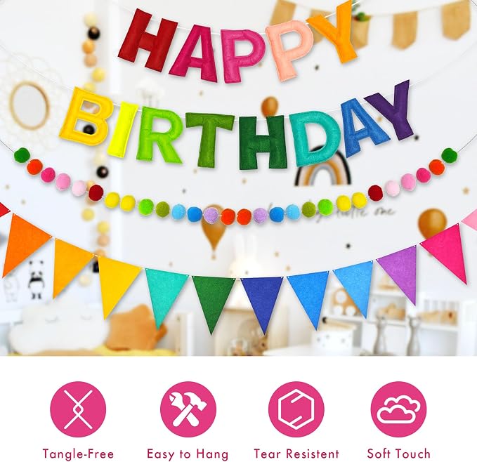 CANREVEL Pre-Strung 3D Rainbow Happy Birthday Banner, 3 PCS Happy Birthday Felt Sign, Pom Pom Garland, Triangle Fabric Bunting, Colorful Reusable Birthday Decorations for Women Men Girls Boys, Multi