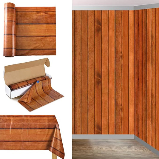 Oudain 54 Inch x 100 ft Wood Grain Tablecloth Roll Wall Backdrop with Cutter Box Rustic Wood Grain Table Cover Plastic Background Wallpaper Western Bulletin Board for Birthday Party Decoration