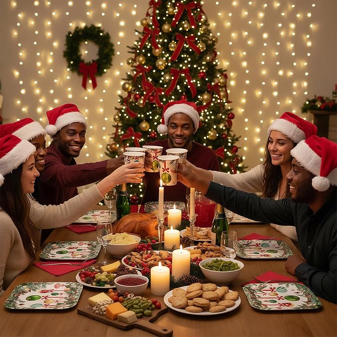 Ziliny 350 Pcs Christmas Party Supplies Christmas Tree Hanging Ball Party Tableware Set Square Paper Plates Disposable Napkins Cups Plastic Cutlery for Xmas Holiday Serves 50 Guests(Xmas Ball)