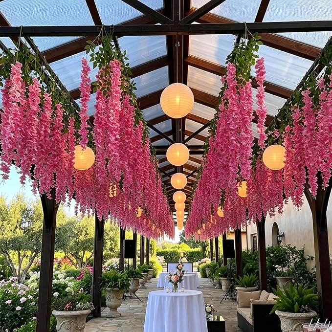 Artificial Wisteria Hanging Flowers Fake Wisteria Flower Garland Silk Vines Rattan Decor for Home Wedding Arch Wall Garden Greenery Bedroom Outdoor Office Party Decoration (48, Pink)