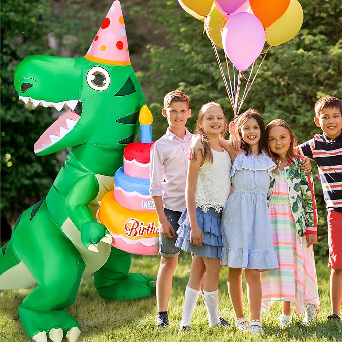 Sosation 6 ft Tall Lighted Birthday Inflatable Green Dinosaur with Cake Blow up Dinosaur Cake Decoration with Build in LED Lights for Birthday Party Outdoor Indoor Yard Lawn Garden
