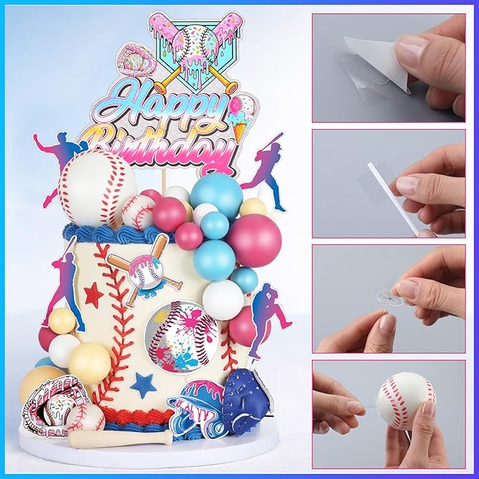 Novabright 42 Pcs Baseball Ice Cream Drip Birthday Cake Decorations Baseball Themed Birthday Cake Toppers Detachable Photo Props for Party Supplies(Ice Cream,Classic)