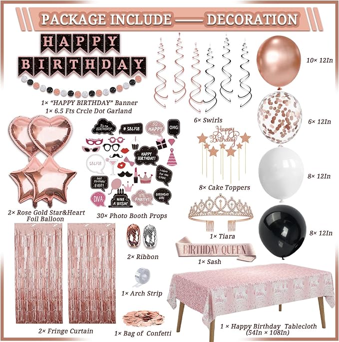 291 Pcs Rose Gold and Black Birthday Decorations, Happy Birthday Decorations for Women Supplies - Banner, Balloon, Tiara, Sash, Photo Props, Tableware with Rose Gold for 50 Guests