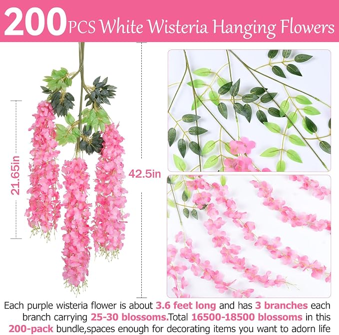 200 Pack Pink Wisteria Hanging Flowers,Fake Hanging Wisteria Flowers Garland for Decoration (3.6 Ft/Pcs)