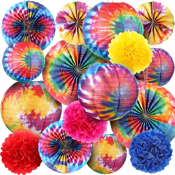 Hortsun 16 Pcs Tie Dyed Party Decorations Include 6 Pcs 12 "and 6" Groovy Hippie Hanging Paper Lanterns,6 Paper Fans -3 Size and 4 Flowers,60s Party Ceiling Wall Decor Chinese/Japanese Groovy Decor