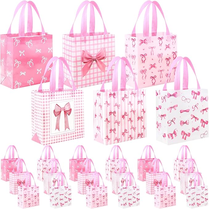 Sweetude 40 Pcs Pink Bow Gift Party Favor Bags with Handle, Non Woven Goodie Bags Birthday Favor for Birthday Baby Shower Packaging Supplies