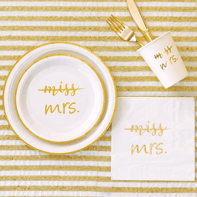 Crisky Gold Miss to Mrs Napkins Plates Cups Set for Bridal Shower Engagement Bachelorette Party Decorations Party Supplies, Disposable Tableware Set of 24 (9" & 7" Plates, Luncheon Napkin, 9oz Cups)