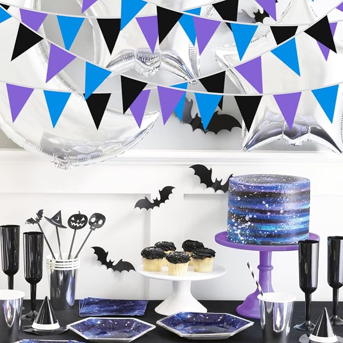 40Ft Purple Blue Black Fabric Bunting Banner Pennant Hanging Party Decorations Cotton Triangle Flag Garland for Boys Game Space Theme Galaxy Moon Birthday First Trip Around The Sun Baby Shower Decor