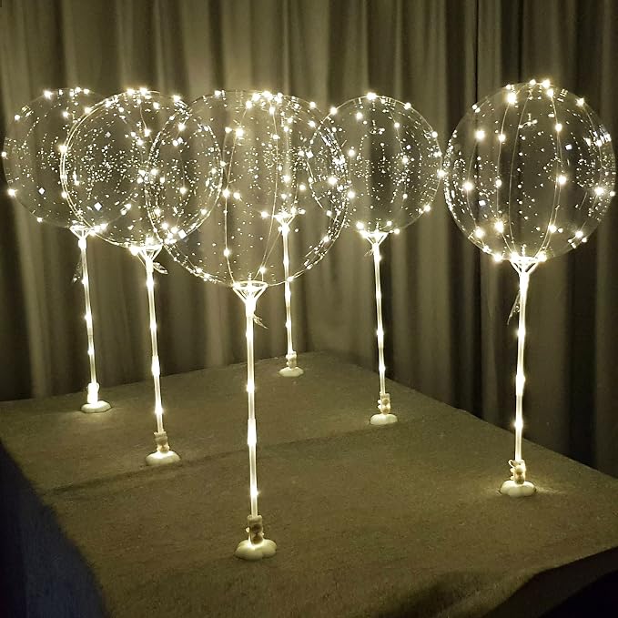 Lightsfever warm white 6pc LED Light up Balloon with sticks, stands and batteries, Table top centerpieces for party, no helium required DIY Kit (warm white)