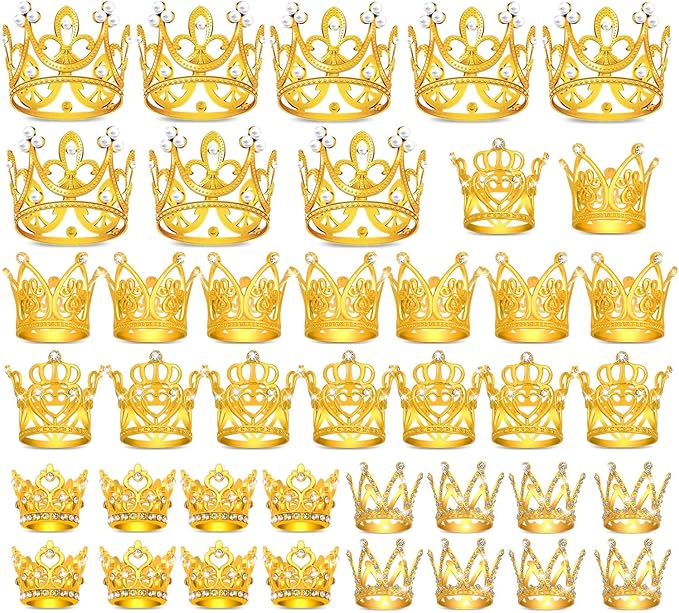 Billbotk 40 Pcs Mini Crowns for Flower Bouquets, Small Gold Crowns for Princess Cake Topper, Crown Decoration for Birthday Wedding Baby Shower Party, 5 Styles
