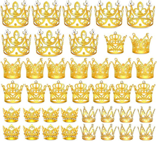 Billbotk 40 Pcs Mini Crowns for Flower Bouquets, Small Gold Crowns for Princess Cake Topper, Crown Decoration for Birthday Wedding Baby Shower Party, 5 Styles