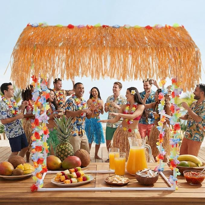 8 Pcs Tiki Bar Stand Supplies Tiki Hut Decorations Hawaii Luau Party Decorations with 1 Set White Plastic Stand 1 Thatch 2 Monstera Leaf Banners 4 Tinsel for Summer Party Supplies Outside Patio