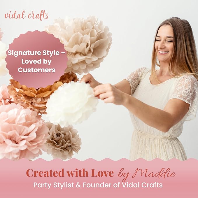Vidal Crafts 20-Piece Boho Tissue Paper Pom Poms - Hanging Tissue Paper Flowers for Bridal Shower Decorations, Baby Shower Decorations for Girl, Wedding, Birthday Party - Assorted Sizes 6" to 14"