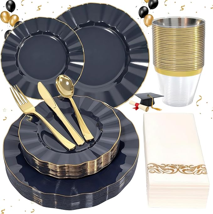 Glowserve 175 Piece Disposable Plastic Plates Dinnerware Set for 25 Guests | 50 Plastic Plates,25 Silverware Set,25 Cups and Napkins,Party Wedding Birthday,Family Gathering,Fancy Plastic Plates