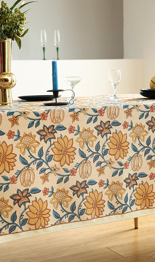 ISAENNE Designer Vintage Linen Rectangular Tablecloth,102"x63"-Estevan B | French Elegant Printed Table Cloth for Rectangle Table,Orange Floral Pattern,Dining Room,Kitchen,Tea Party,Thanksgiving