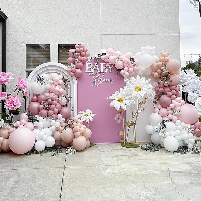 Pink Balloons, 113Pcs Different Sizes Boho Blush Pink Balloon Arch Garland Kit 18/12/10/5 Inch, Dusty Retro Vintage Rose Latex Helium Balloon for Birthday Boho Baby Shower Wedding Party Decorations