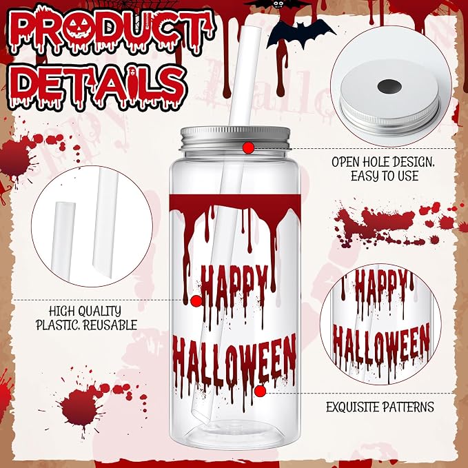 Skylety 30 Pcs Halloween Blood Printed Plastic Cups 13.5 oz Plastic Tumbler with Lids and Straws Reusable Bloody Drinking Cups for Halloween Themed Party Supplies Juice Soda Drinks