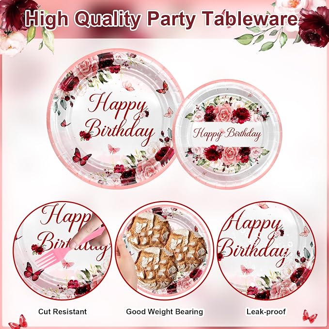 Burgundy Birthday Party Decorations 169 Pcs Burgundy Plates and Napkins Cups Tablecloth Serve 24 Rose Gold Floral Butterfly Party Supplies for Women Girl