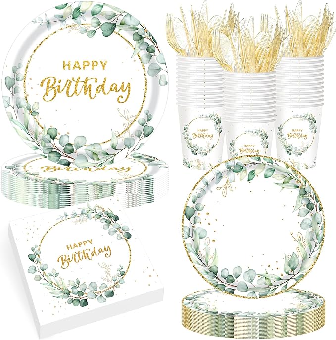 Pickmesh 400 Pcs Sage Green Birthday Party Supplies Include Neutral Eucalyptus Green Happy Birthday Disposable Paper Plates Napkins Cups Cutlery for Girls Boys Women Men Party Decorations Serve 50