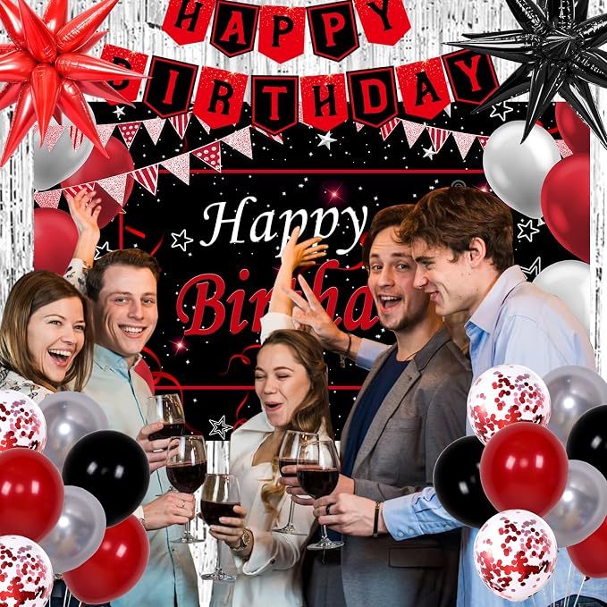 Red Black Birthday Decorations for Men Women Boys Girls, Red and Black Birthday Party Decorations with Happy Birthday Backdrop Banner Tablecloth Foil Curtain Star Balloon Arch, Red Party Supplies