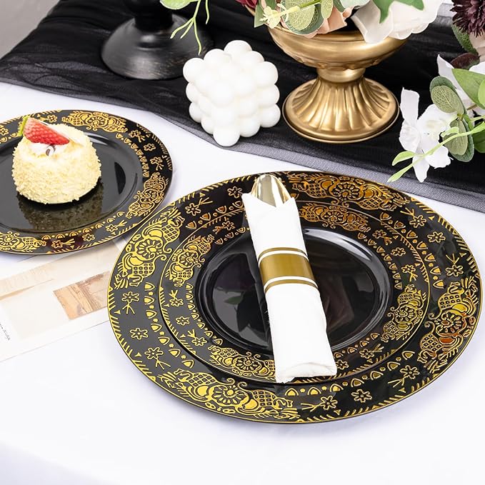 GATHER 350PCS Black and Gold Plastic Plates - Gold Disposable Dinnerware Set Include 50 Dinner Plates, 50 Dessert Plates, 150 Gold Plastic Silverware, 50 Napkins, 50 Cups for Wedding & Party