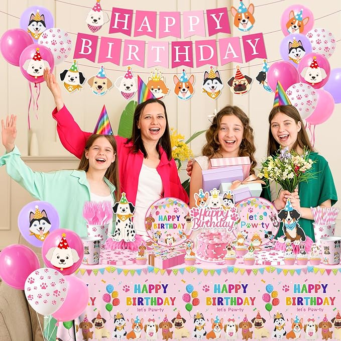 Dog Birthday Party Decorations Include Lets Pawty Plates Napkins Pink Puppy Tablecloth Banner Balloons Cupcake Toppers Tableware Set for Girls Puppy Birthday, Dog Party Decorations Serves 24