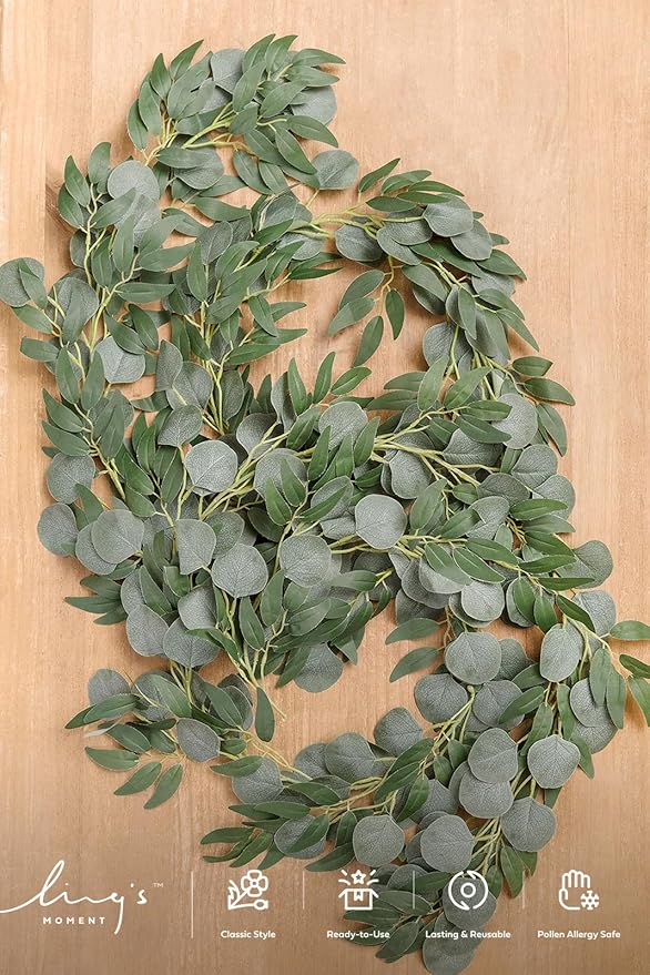 Ling's Moment Eucalyptus Garland for Table, 5.9ft Green Fake Eucalyptus Wreaths with Willow, 2pcs Real Touch Leaf Garland for Wedding Centerpieces Arch Rehearsal Dinner Bridal Shower