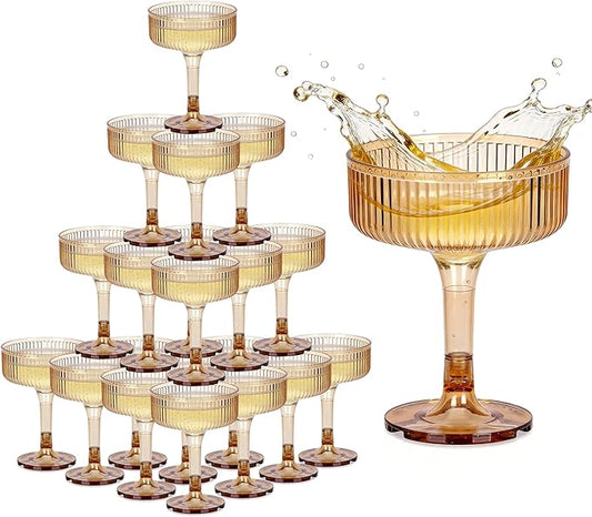 Houmury 7oz Amber Plastic Champagne Glasses Unbreakable Wedding Acrylic Martini Plastic Flutes Goblet Glasses Reusable Clear Drinkware For Birthday Party (20, Amber)