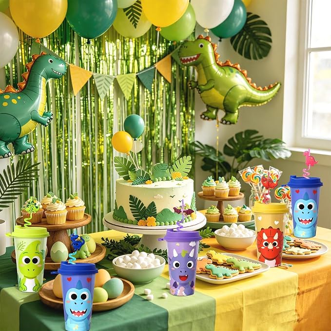 Dinosaur Party Favors for Kids, 24 Pack Dino Birthday Cups with Lids and Straws, 16oz Dinosaur Party Supplies, Goodie Bag Stuffers, Classroom Prizes, Boys Girls Birthday Decorations