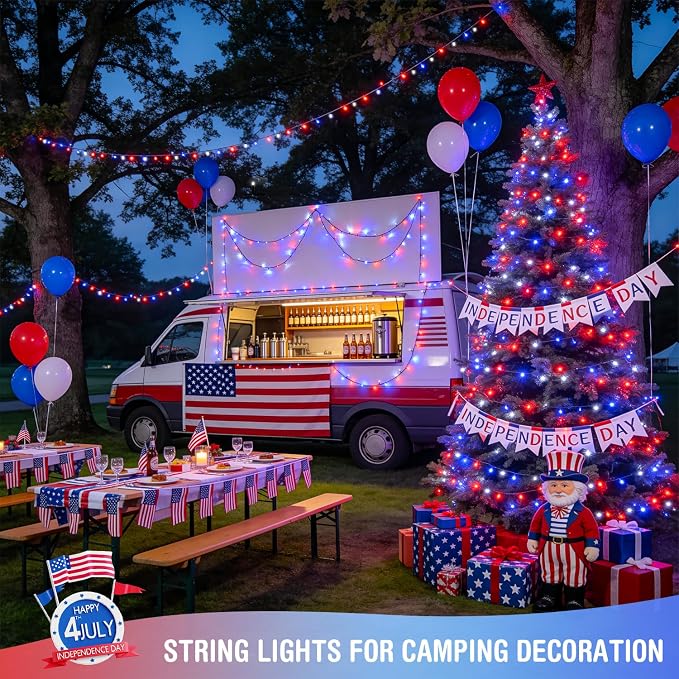 JMEXSUSS 250 LED Red White and Blue Lights, 91.5ft Patriotic Lights Plug in | Connectable, Green Wire, Waterproof, 8 Modes, Indoor/Outdoor Use, Tree Yard Patio Home Decor, Perfect for 4th of July Day
