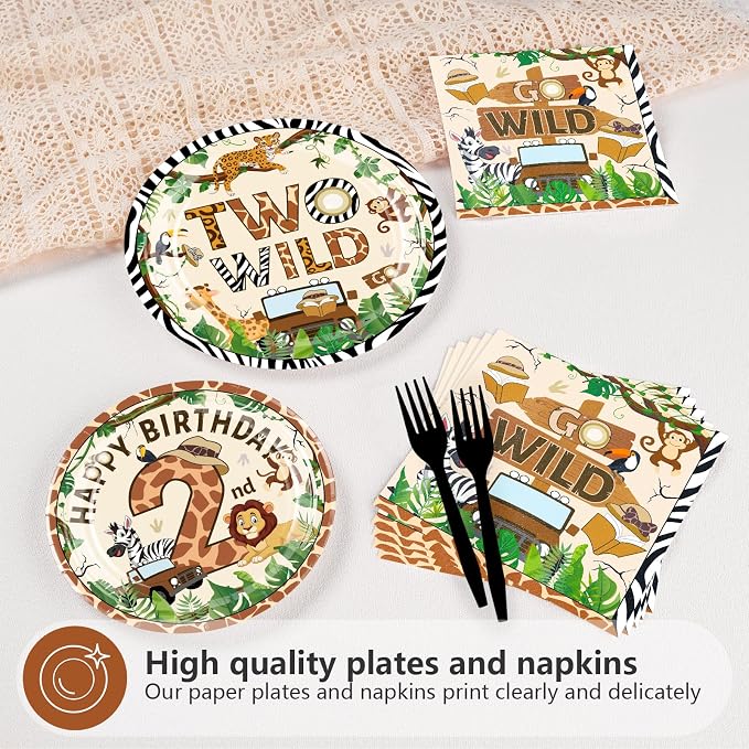 96Pcs Two Wild Birthday Party Decoration Safari Jungle 2 Year Old Birthday Plates and Napkins Mouse Safari Wild Animal Tableware Set for Boys Girls 2nd Birthday Party Supplies, Serves 24