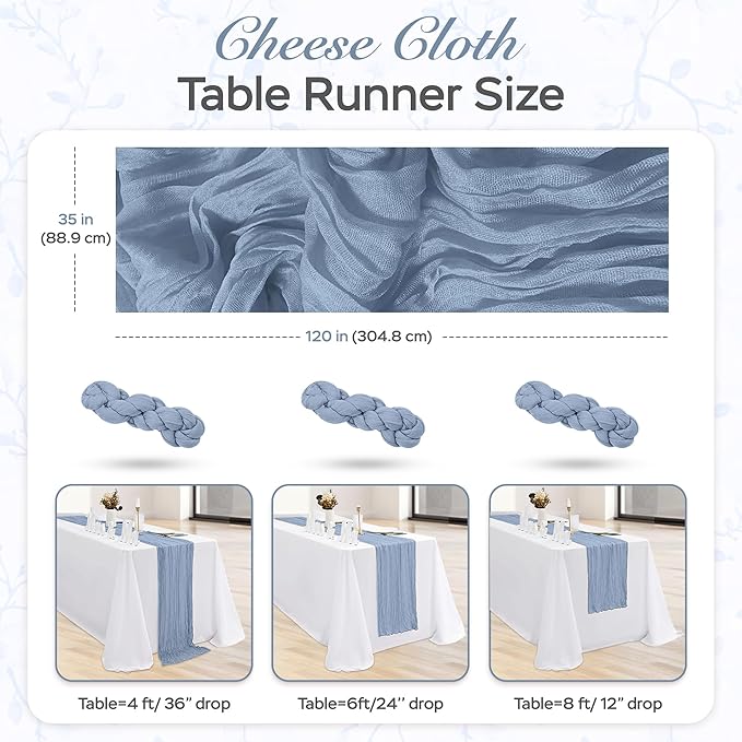 Cheesecloth Table Runner 8 Pack – 35x120 Inch (10ft) Boho Rustic Gauze Cloth Runners – Crinkle Polyester Table Decor for Wedding, Baby Shower, Bridal Shower, Birthday Party and More (Dusty Blue)