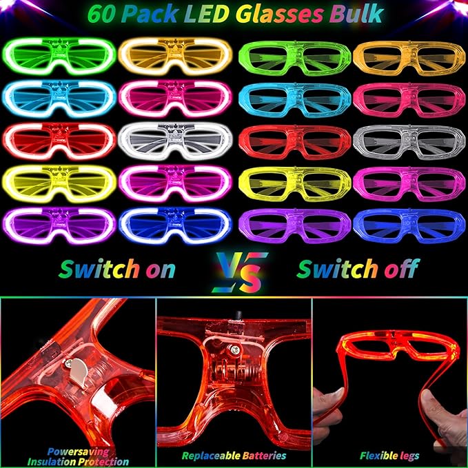 60 Pcs LED Glasses Bulk 10 Neon Colors Glow in the Dark Party Favor Supply for Light Up Glasses 3 Light Modes Glow Stick Sunglasses for Birthday Wedding Rave Party Flash Toy