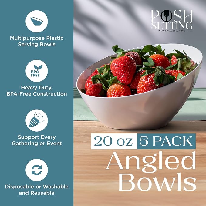 Posh Setting - White Plastic Serving Bowls for Party Angled Bowls Disposable Chip Bowls Candy Bowls for Party Table Salad and Fruit Bowls for Wedding Serving Bowls-White, 20 OZ, 5 Pack