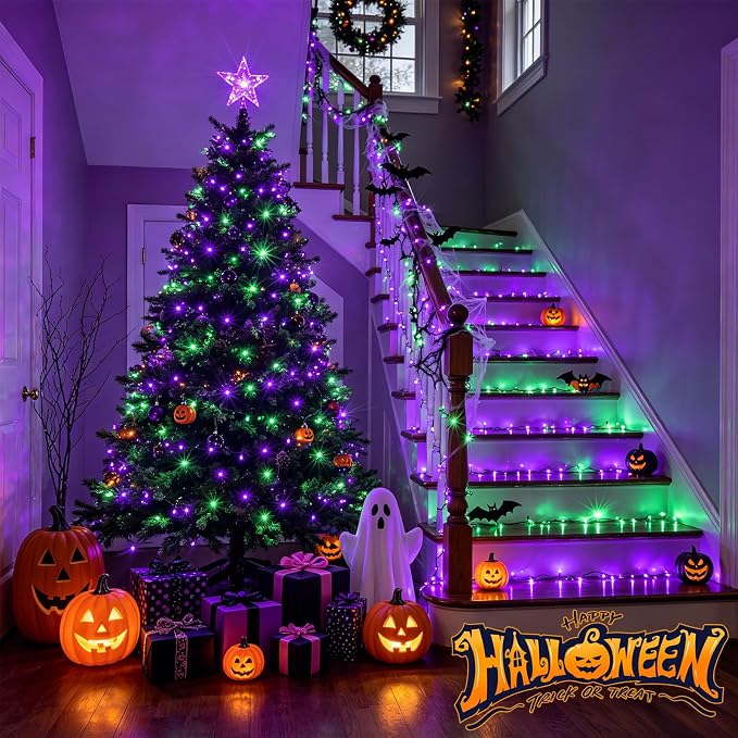 Purple & Green Halloween Lights, 95ft 240Led 13 Modes String Lights Plug in, Twinkle Light with Timer Indoor/Outdoor for Tree Party Halloween Decorations