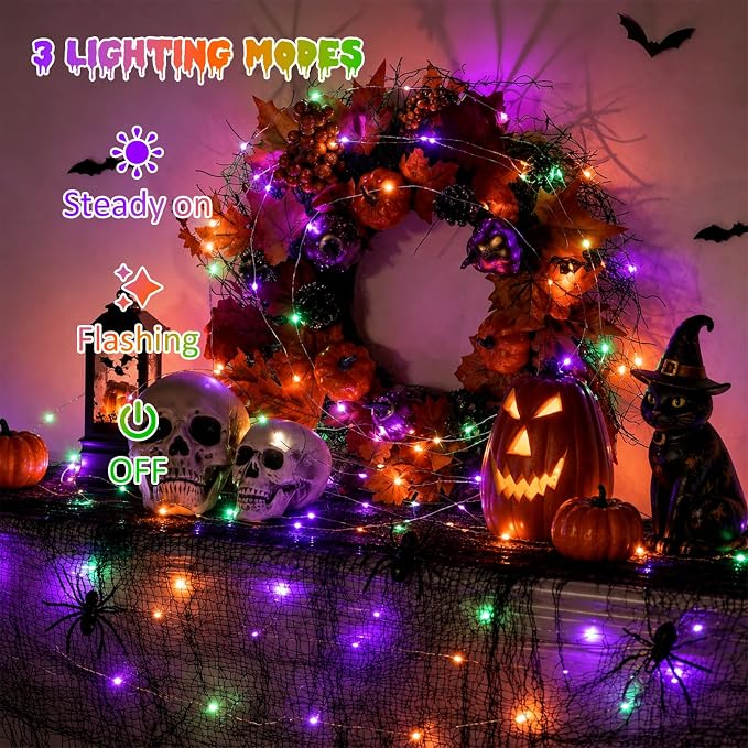 QITONG Purple Orange & Green Fairy Lights Battery Operated, 4 Pack Each 16ft 50 LED Halloween Lights Outdoor Waterproof, Silver Wire Christmas Twinkle Mini String Lights Indoor