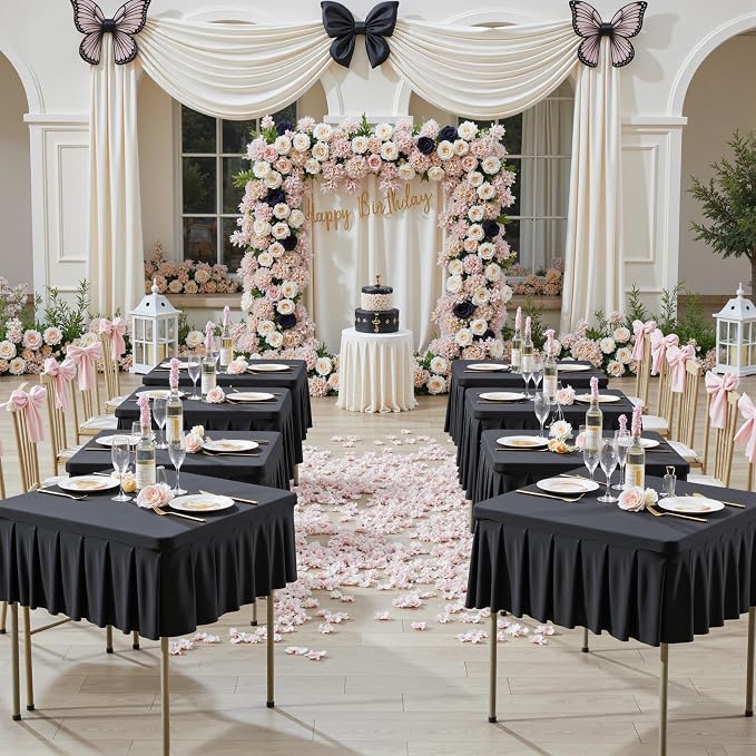 Shillance 34x34 Inch Black Spandex Square Tablecloth 2 Pack,Wrinkle Free Black Fitted Table Cloth for Square Tables,Washable Pleated Table Cover for Wedding Birthday Cocktail Party Buffet Dinner