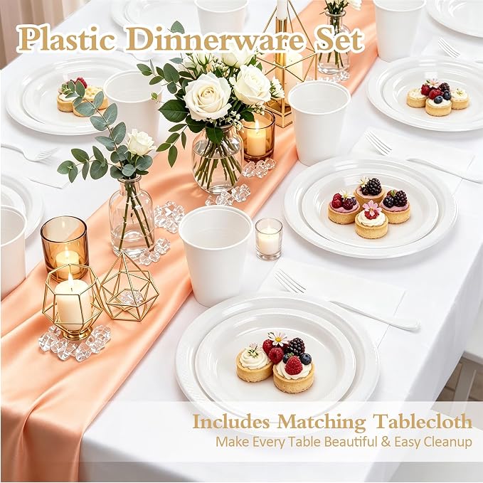 White Plastic Plates for Party,Disposable White Party Supplies,30 of Each 9" Dinner,7" Dessert Plate,Napkins,Cups,Forks and 1 Tablecloth Dinnerware for Birthday Wedding All Occasion