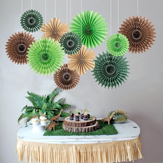11 Pcs Hanging Paper Fans Decoration Green and Brown Paper Flowers Deco Tropical Jungle Birthday Party Decorations for Summer Safari Carnival Party Supplies