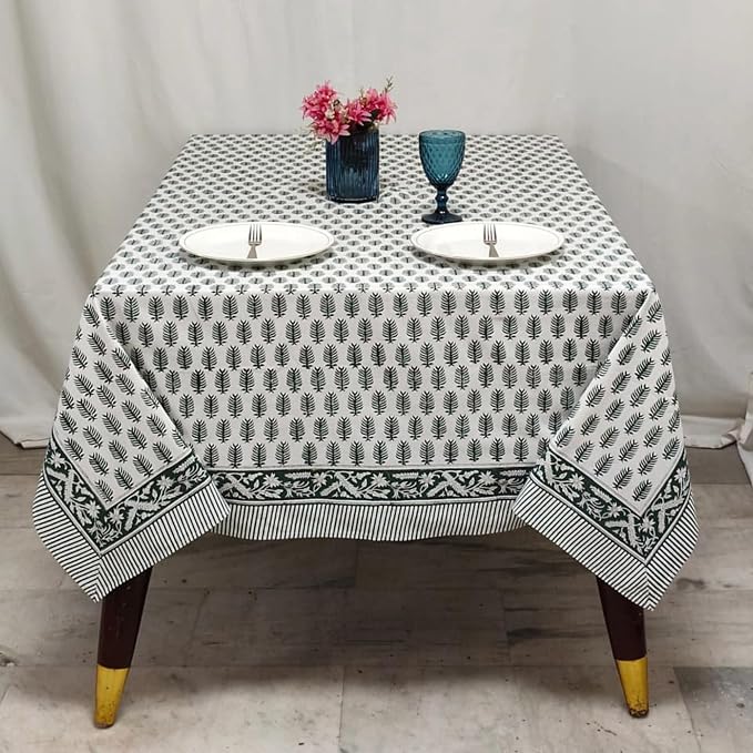 Ridhi Emerald Green Hand Block Print Cotton Rectangle Tablecloth 102" x 48" inches Reusable Table Cover Decorative Everyday Use for Dining Room, Farmhouse, Home Gift for Spring, Mother's Day