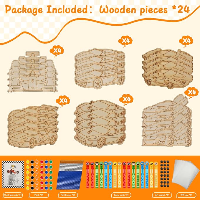 HandTool Race Car Party Favors,24 PCS DIY Wooden Car Painting Crafts Kit for Kids with Paints&Magnets,Bubble Wands,DIY Cards and Gift Bags,Birthday Supplies for Kids Classroom Rewards Gifts Bulk