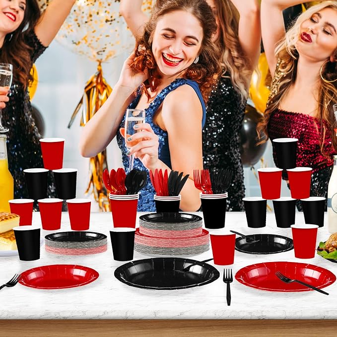 168 Pcs Red and Black Party Decorations Black and Red Plates Napkins Cups Forks Disposable Stranger Tableware Set for Congrats Fiesta Holiday Wedding Birthday Party Supplies Serves 24