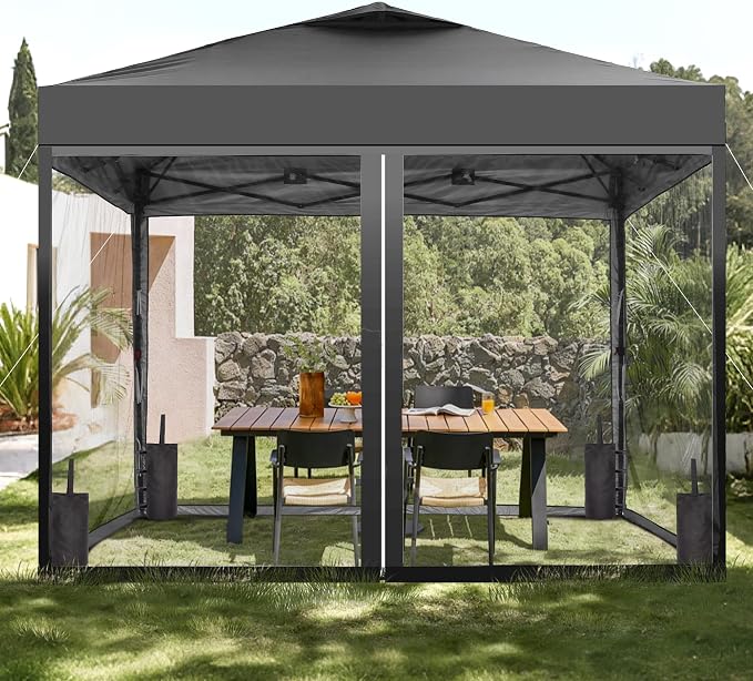 GDY 10x10 Pop up Canopy Tent with Mosquito Netting, Easy up Gazebo for Patio, Camping and Garden, Includes 4 Sandbags, Black