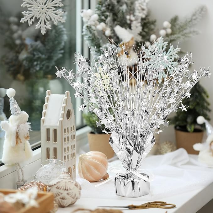 Crowye 26 Pcs Metallic Foil Spray Centerpiece Party Star Decoration Table Decor for Birthday Wedding Graduation Bachelorette Spring Party Holiday(Silver)