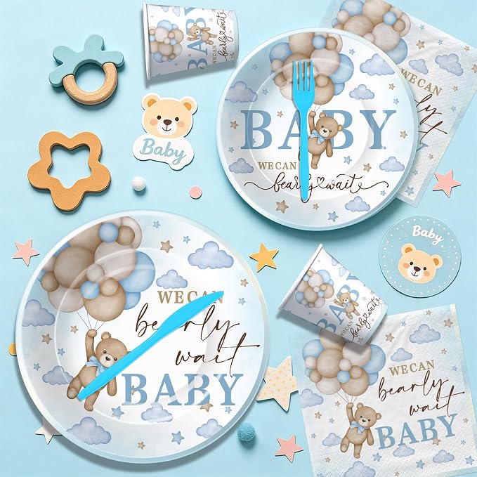 We Can Bearly Wait Baby Shower Decorations for Boy, Blue Bear Baby Shower Decorations Party Supplies, Paper Plate, Napkin, Cup, Banner, Tablecloth, Balloon, Swirls, Backdrop, Topper, Serves 24
