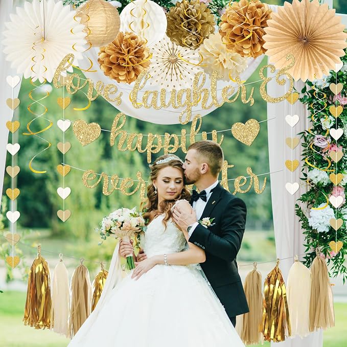 Roetyce Engagement Party Decorations, Gold Glitter Love Laughter & Happily Ever After Banner for Bridal Shower, Wedding Bachelorette Party Backdrop, Almost Married/Just Engaged Photo Background Decor