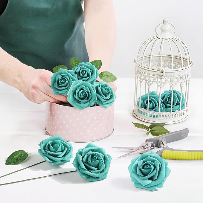 Mocoosy 50Pcs Rose Artificial Flowers, Teal Green Fake Roses for Decorations, Real Touch Foam Roses Bulk with Stem DIY Wedding Bouquet Mother's Day Floral Arrangement Bridal Shower Party Home Decor